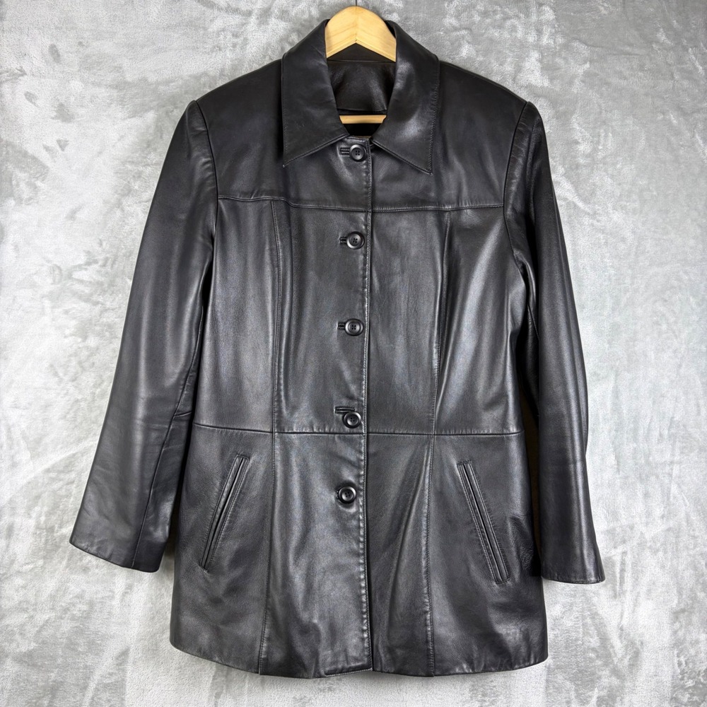 Vakko Sport Womens Leather Jacket‎ Black Button Up Trench Coat Size L